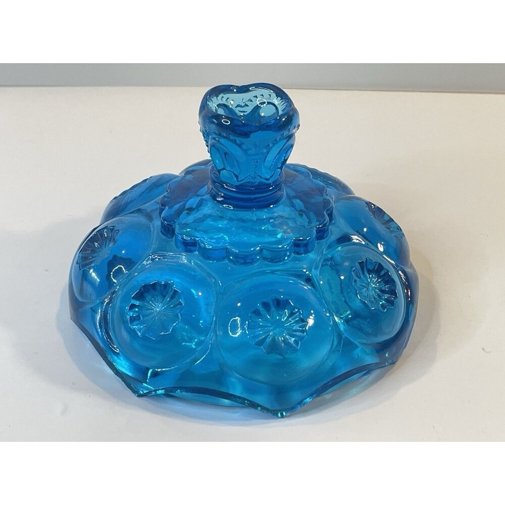 VTG LE Smith 8" Blue Glass Moon & Star Lidded Pedestal Compote Candy Dish GLOW - Picture 6 of 12